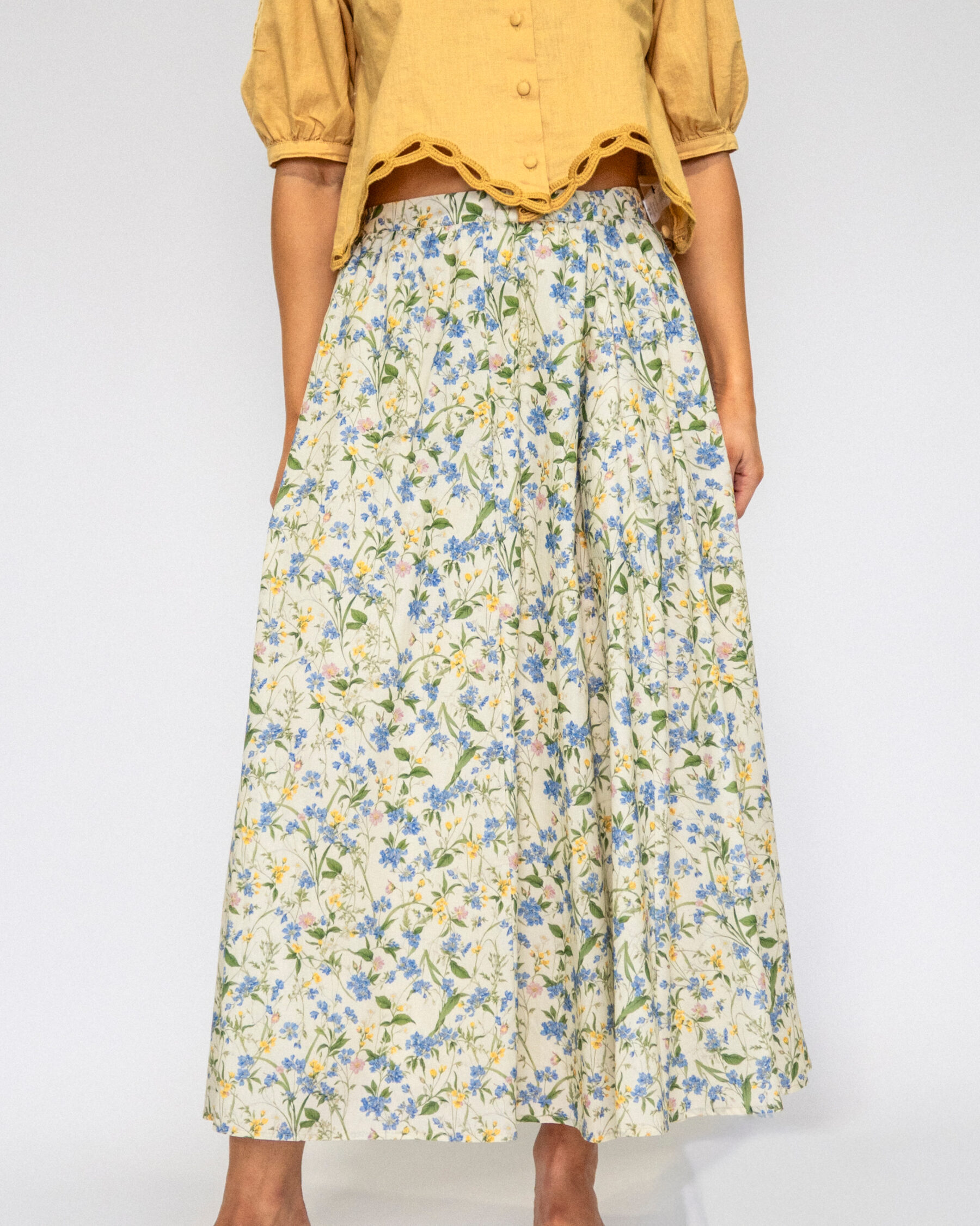 Floral midi skirt with mustard cropped top